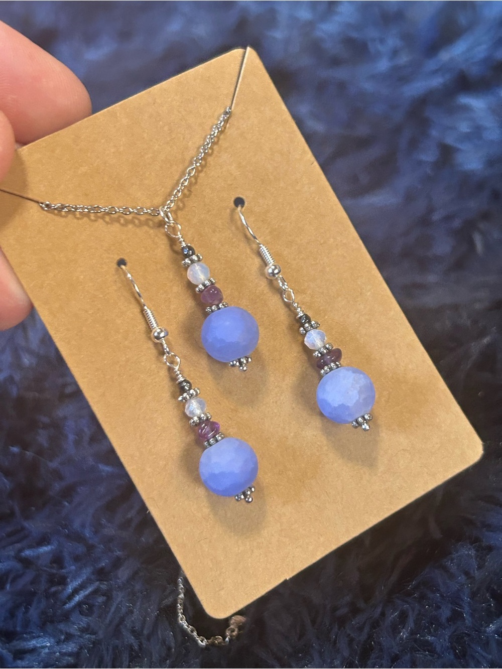 Handcrafted periwinkle crackle glass amethyst chip necklace and earring set